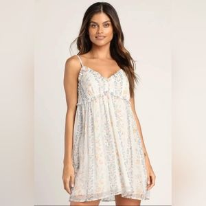 Lulu's Sweetly Shining Ivory Floral Metallic Babydoll Mini Dress